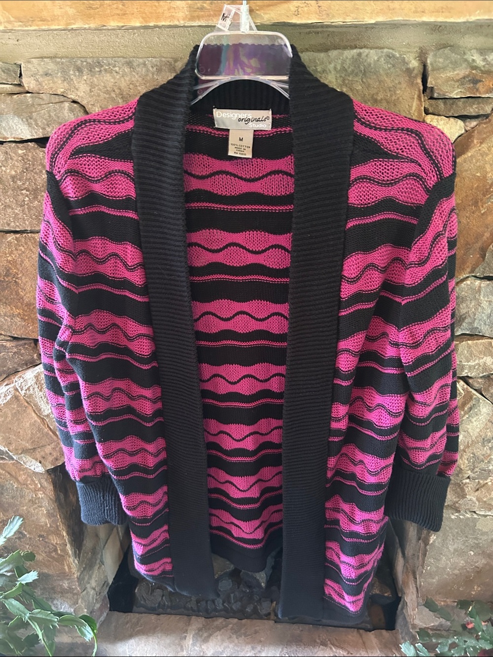 Designers Originals Black & Pink Wave-Stripe Open Cardigan; Size Medium